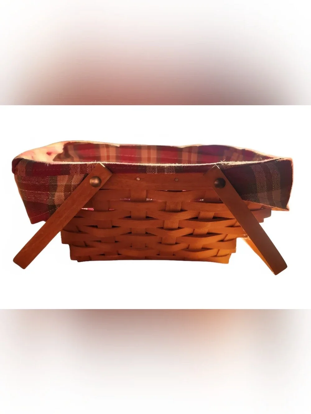 Longaberger Brown Woven Basket with Red Plaid Liner
